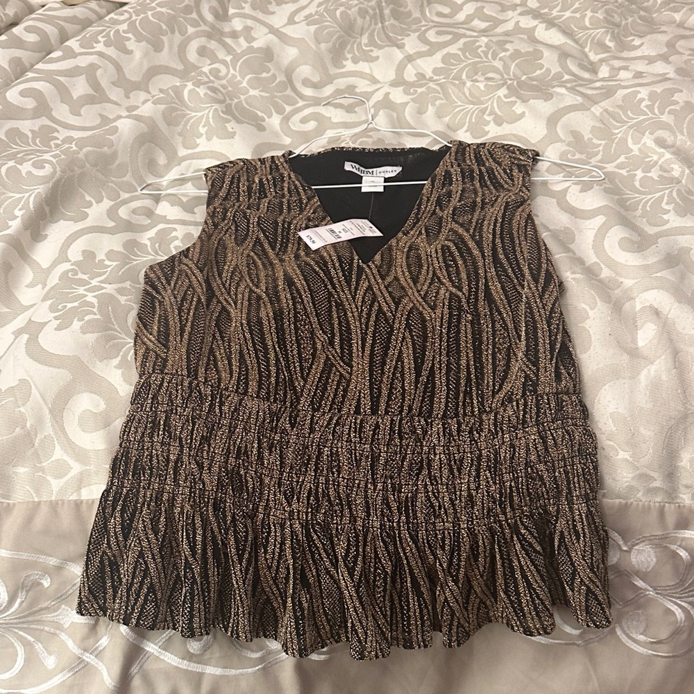 Vince Camuto Black and Gold Sleeveless V-Neck Peplum Top